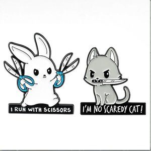 Metal and Enamel Alternative Bunny & Cat Set of Two Lapel Pins (New)